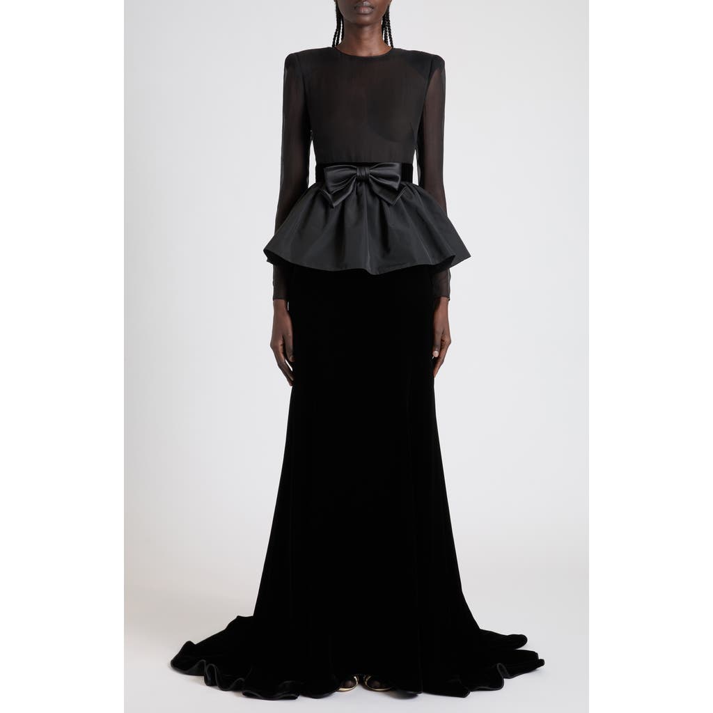 Valentino Bow Detail Long Sleeve Chiffon, Faille & Sablé Velvet Gown In Black