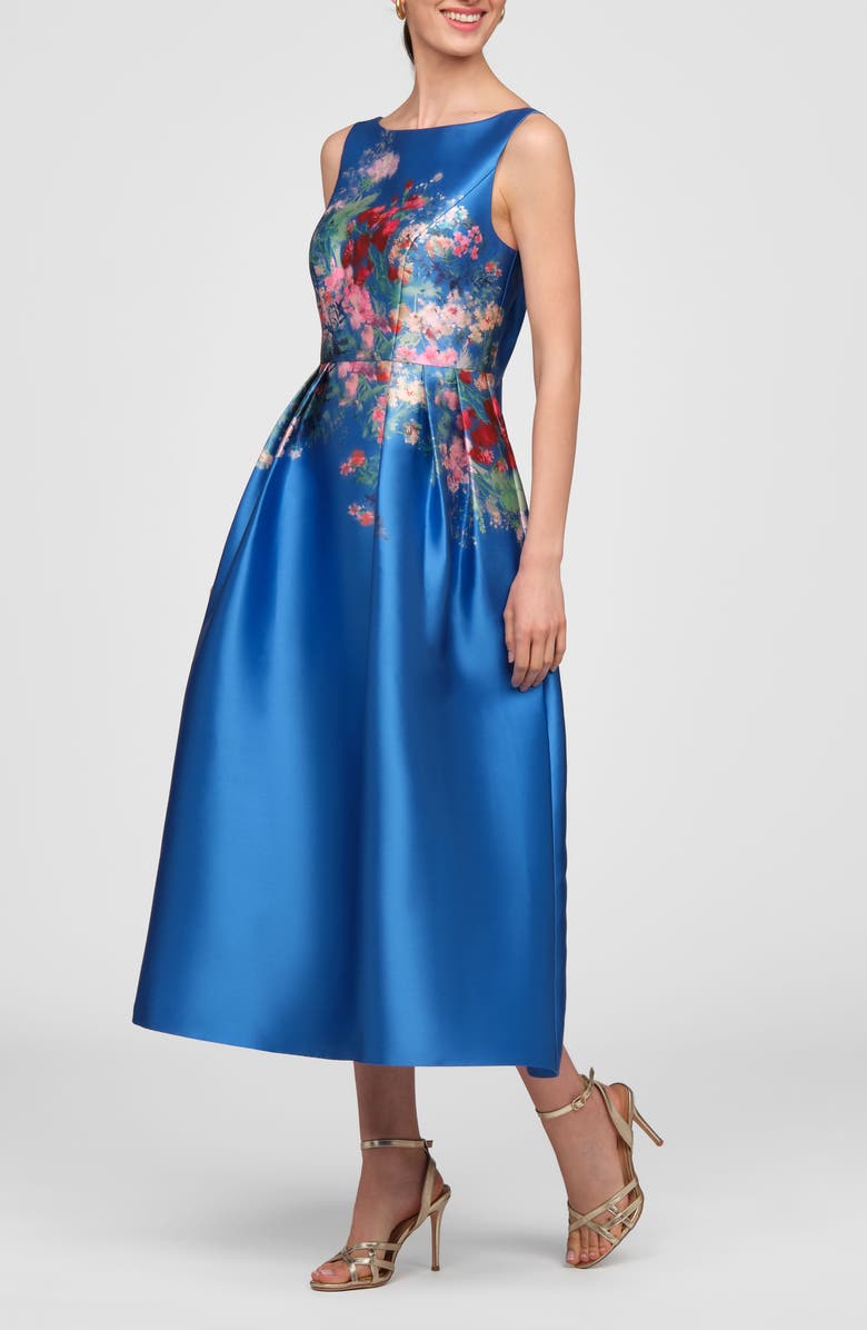 Kay Unger Dina Placed Floral Mikado Cocktail Dress, Alternate, color, Oxford Blue