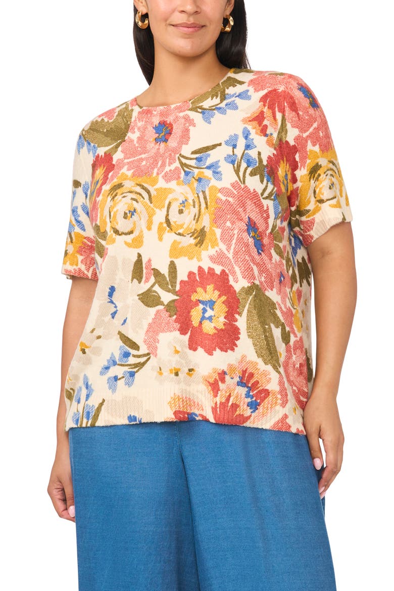Floral Short Sleeve Sweater, Main, color, BIRCH
