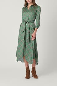 Shoshanna Dashed Plaid Satin Charmeuse Laine Dress