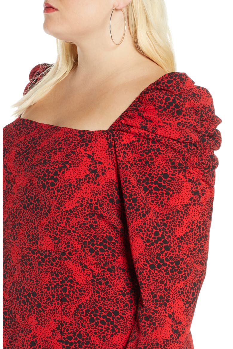 Spatter Print Square Neck Long Sleeve Midi Dress, Alternate, color, RED CHILI- BLACK DOT