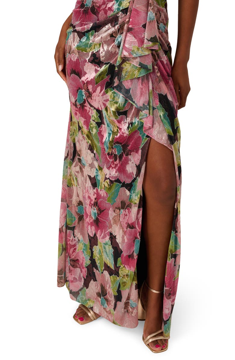 Adrianna Papell Asymmetric Metallic Foil Floral Gown, Alternate, color, Pink Multi