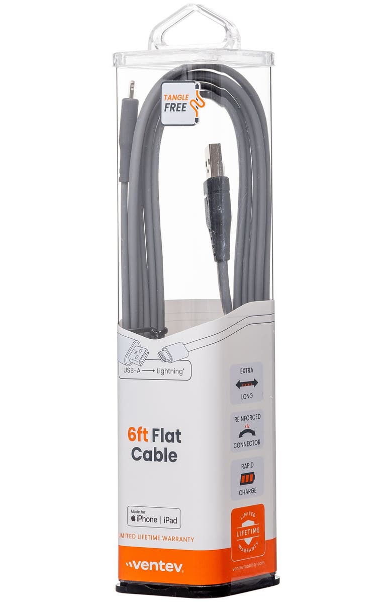 Ventev Flat USB-A to Apple Lightning High Speed Tangle-Free 6 Foot Cable, Alternate, color, Gray