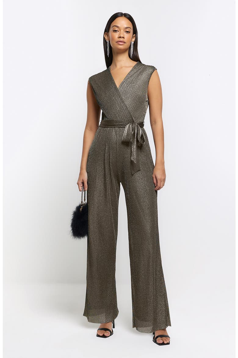 Metallic Straight Leg Plissé Jumpsuit, Alternate, color, BRONZE