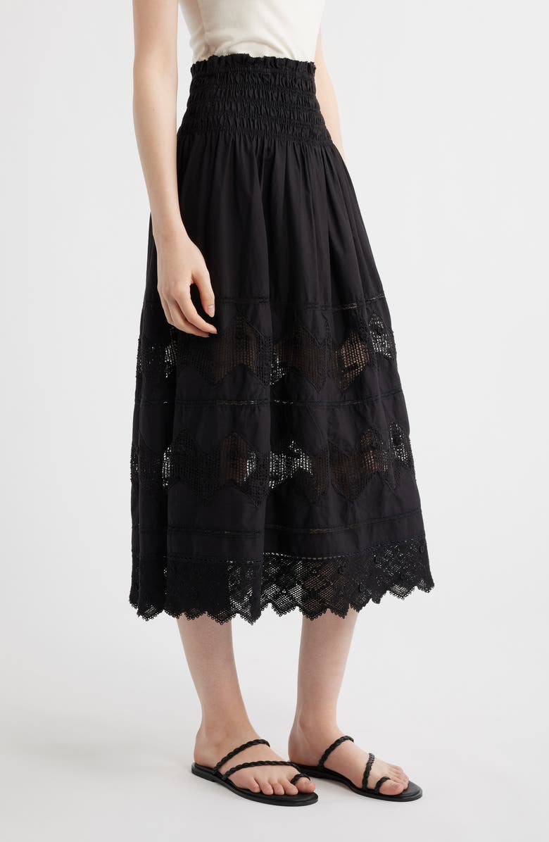 THE GREAT. The Rosette Crochet Trim Cotton Pull-On Skirt, Alternate, color, Black