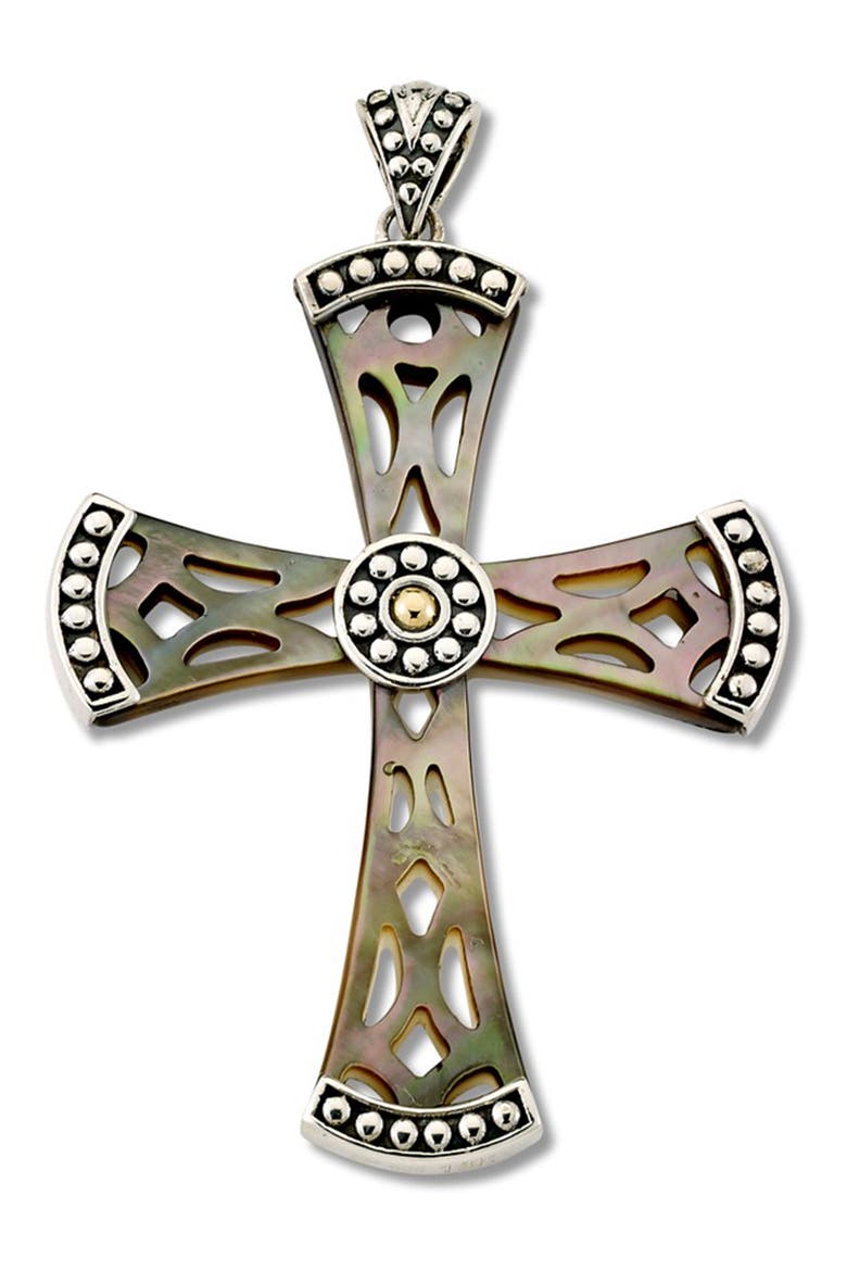 18K Gold & Sterling Silver Mother of Pearl Cross Pendant, Main, color, GREY