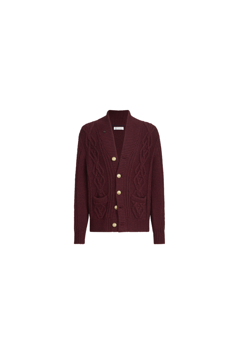 Cashmere Feather yarn cable knit cardigan with metal buttons, Alternate, color, Burgundy