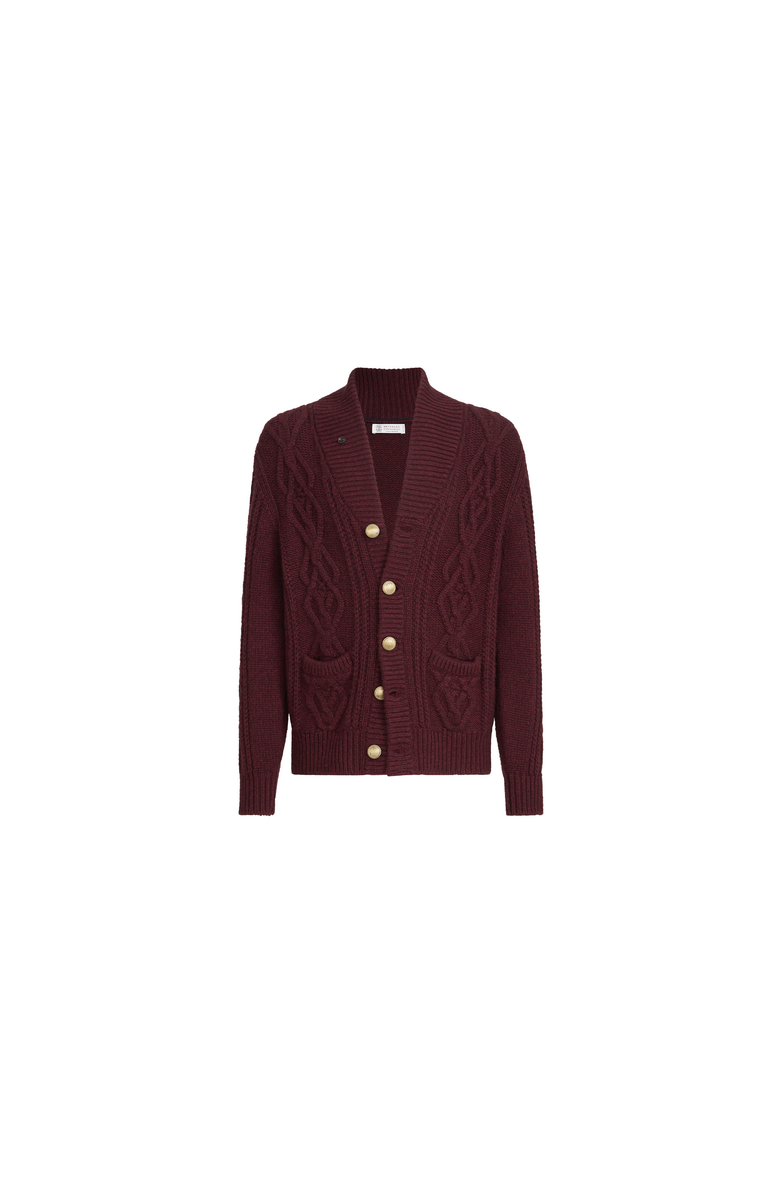 Brunello Cucinelli Cashmere Feather yarn cable knit cardigan with metal buttons, Alternate, color, Burgundy