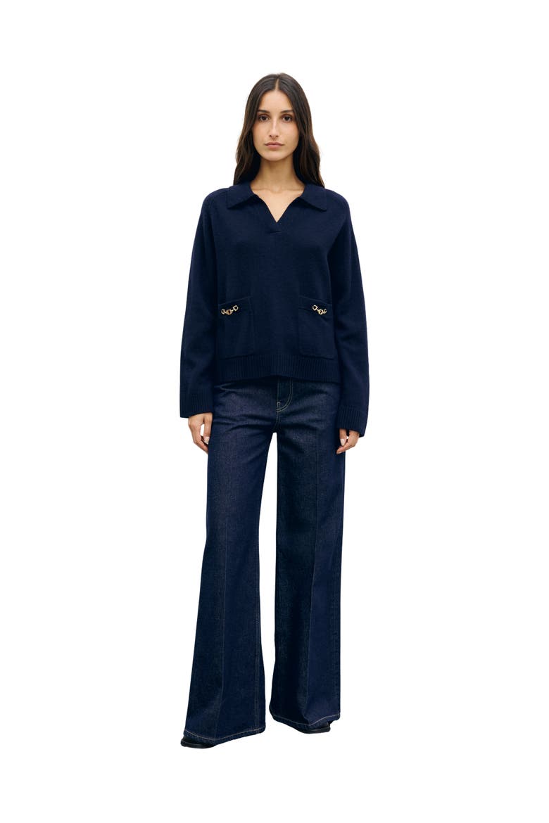 Reni Pocket Chain Detail Merino Pullover, Alternate, color, Navy Blue