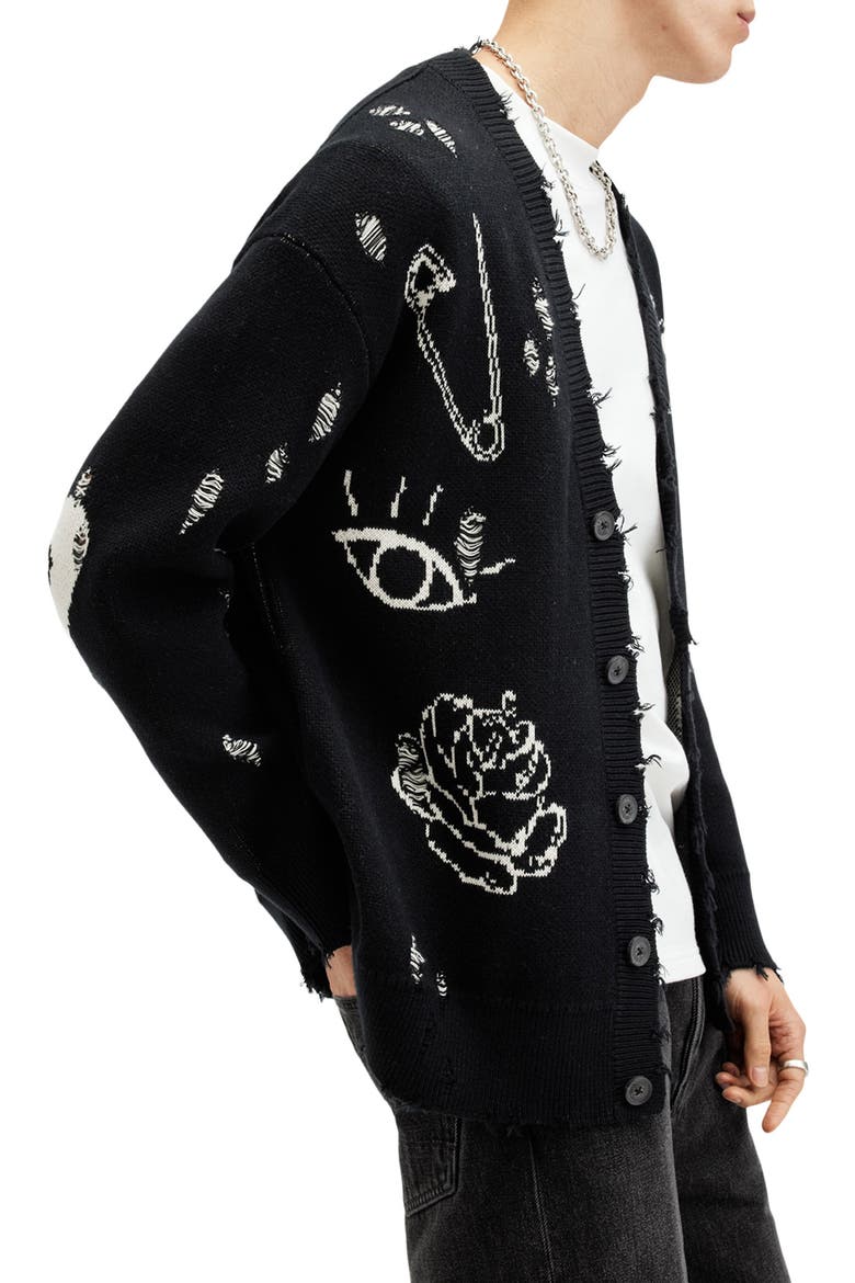 Koto Distressed Cotton Cardigan, Alternate, color, BLACK/ CHALK WHITE