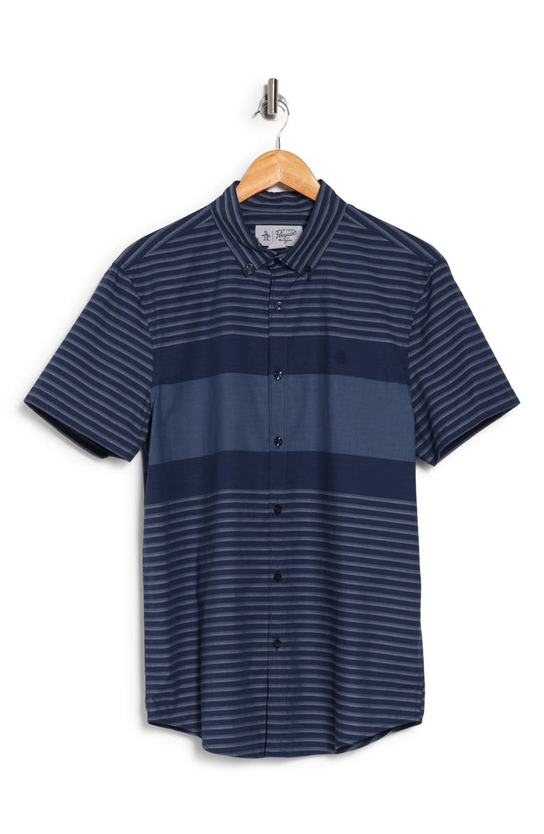Original Penguin Stripe Short Sleeve Poplin Button-Up Shirt, Alternate, color, Dress Blues