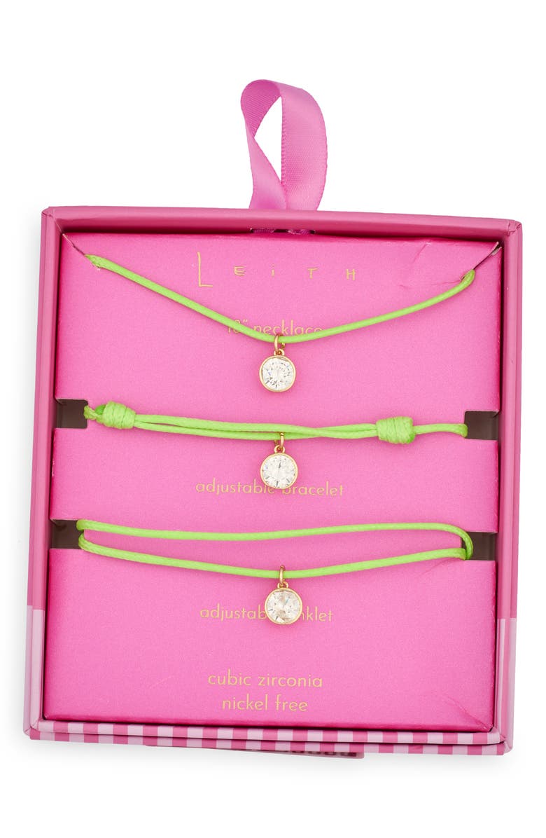 Leith Cubic Zirconia Cord Necklace, Bracelet & Anklet Set, Main, color, Neon Green- Clear- Gold
