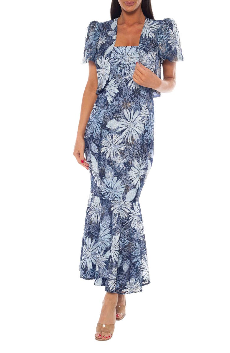 Oleg Cassini Metallic Floral Print Strapless Dress, Main, color, Blue Multi