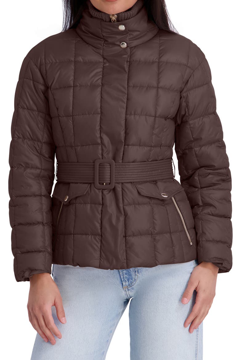 Belted Quilted Cire Puffer Coat, Alternate, color, CHOCOLATE