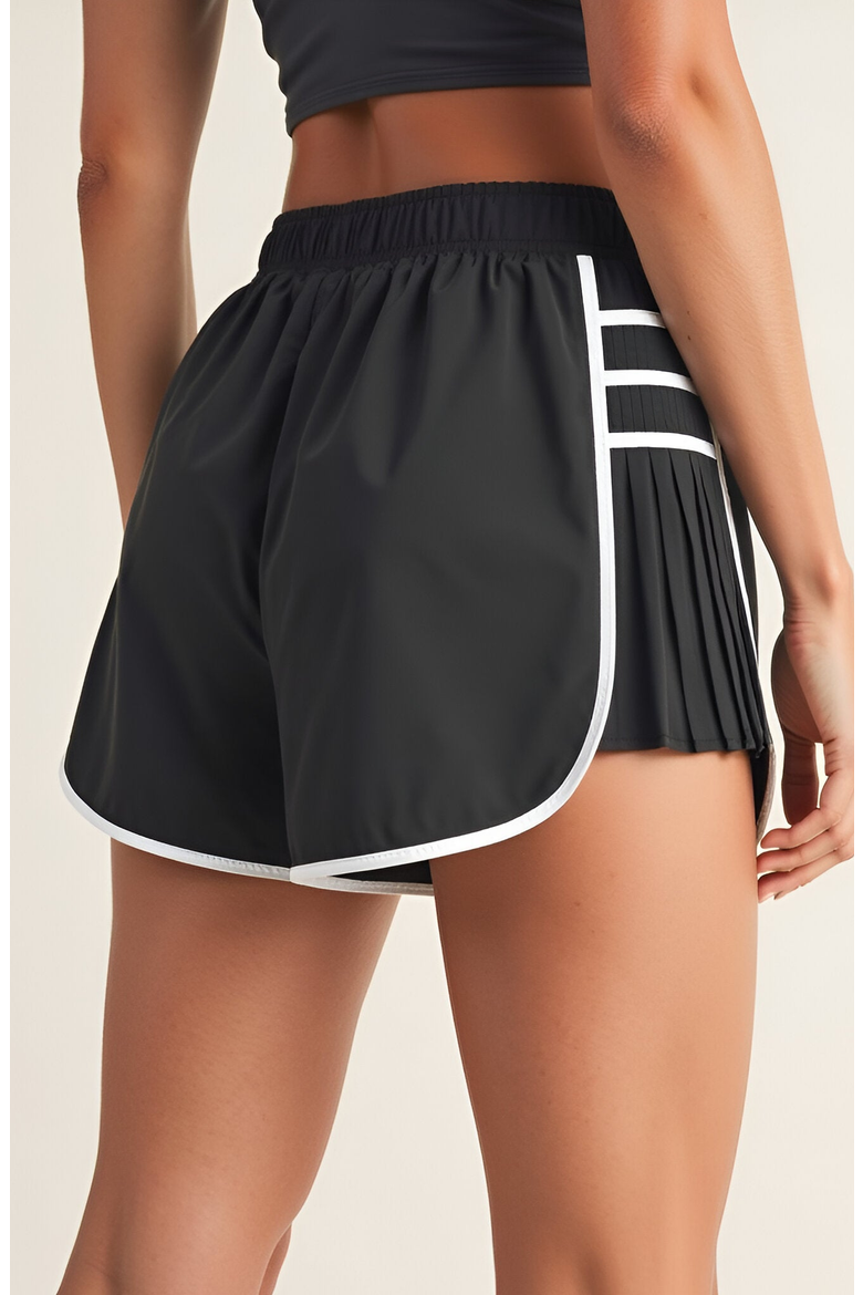Athletic Pleated Contrast-Trim Stretch-Waistband Running Shorts, Alternate, color, Black