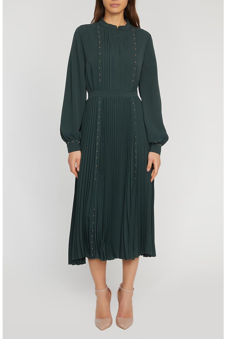 The Alania Pleated Long Sleeve Midi Dress, Main, color, JUNIPER