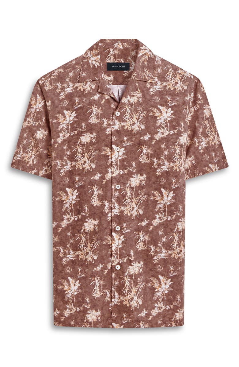 Bugatchi Jackson Shaped Fit Palm Tree Print Button-Up Camp Shirt, Alternate, color, Mocha