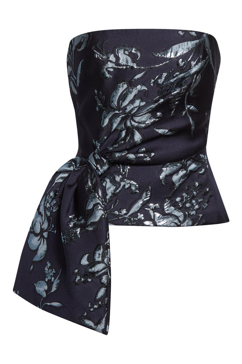 Metallic Floral Brocade Strapless Cascade Top, Alternate, color, NAVY