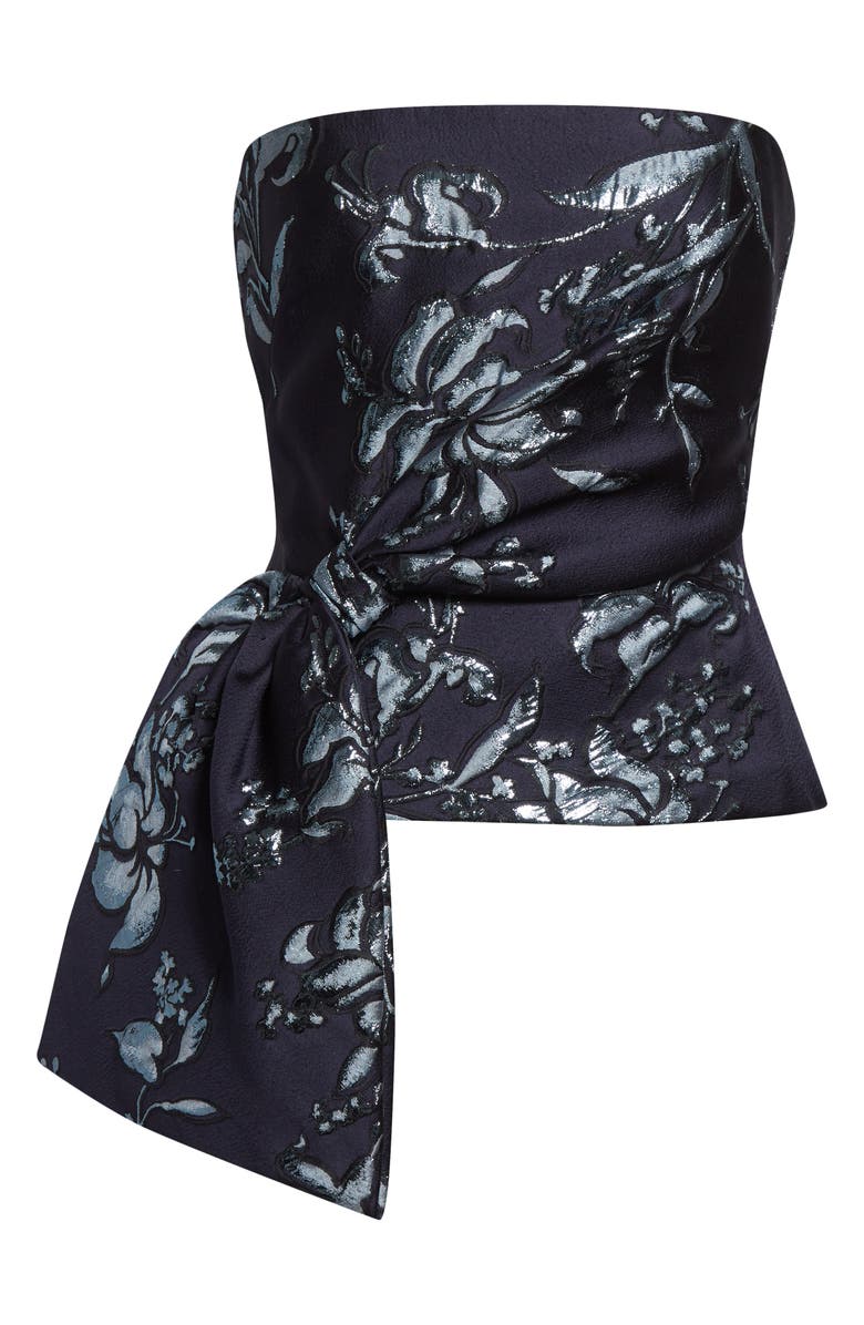 Lela Rose Metallic Floral Brocade Strapless Cascade Top, Alternate, color, Navy