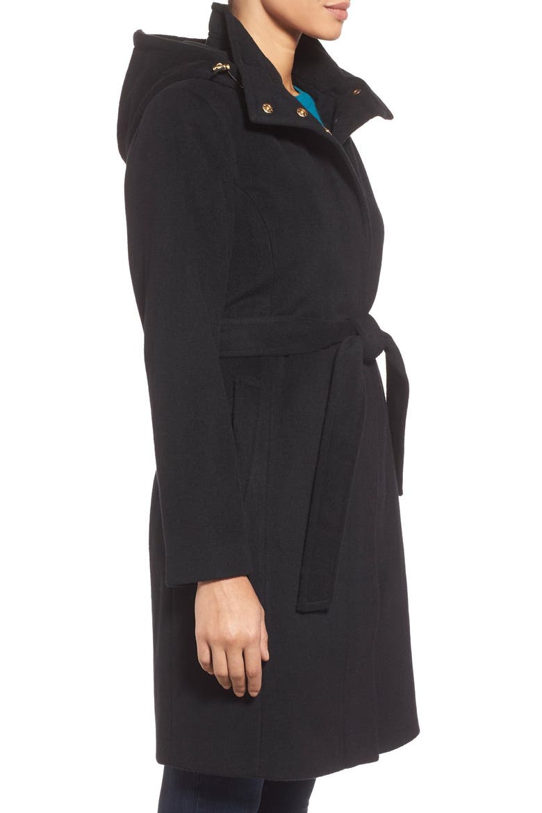 Belted Long Wool Blend Coat with Detachable Hood, Alternate, color, BLACK
