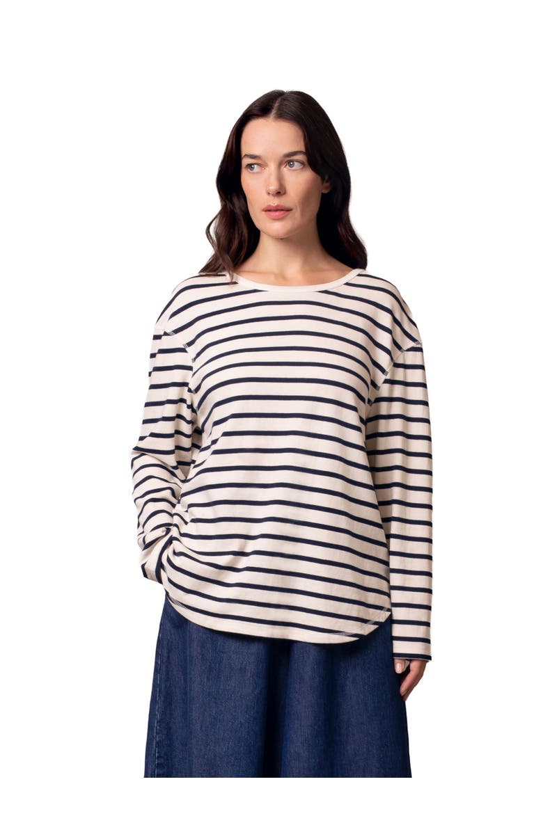 Celtic & Co. Button Back Heavyweight Jersey Top, Main, color, Ecru Navy Stripe