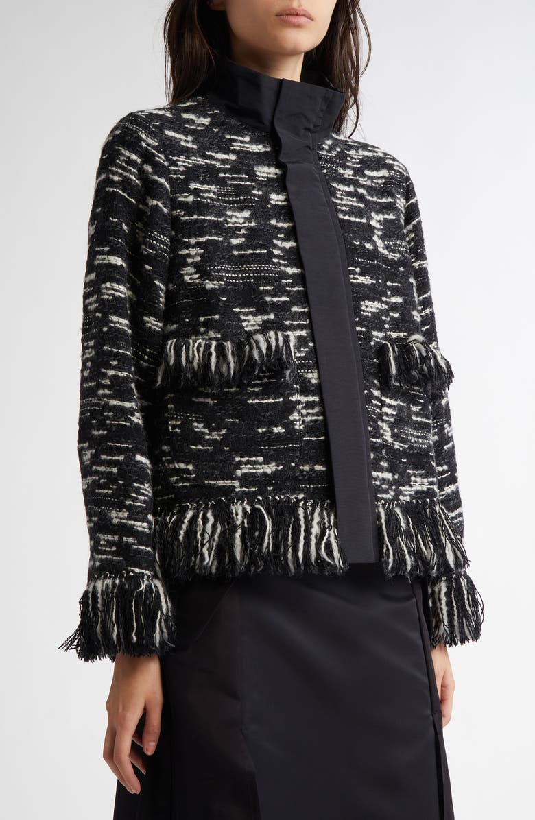 Sacai Mixed Media Fringe Wool Blend Tweed Jacket, Alternate, color,