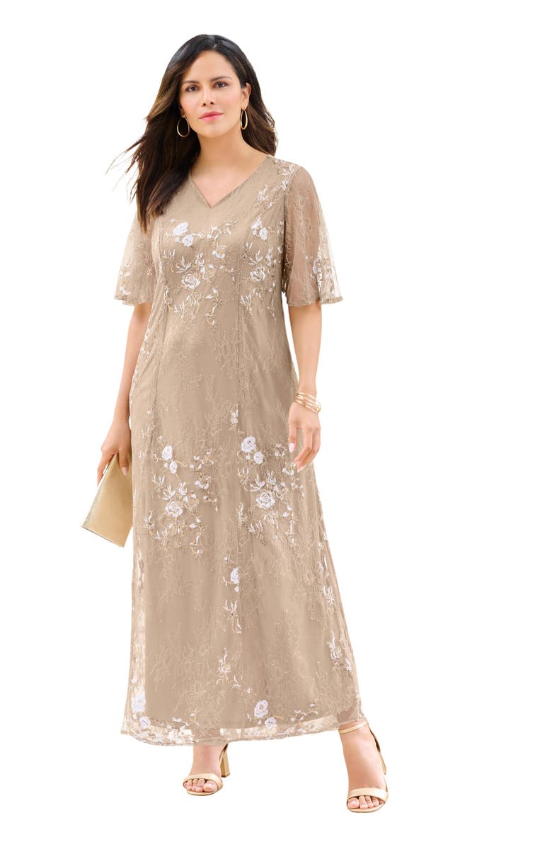 Roaman's Plus-Size Flutter Sleeve Allover Embroidered Gown, Main, color, Beige