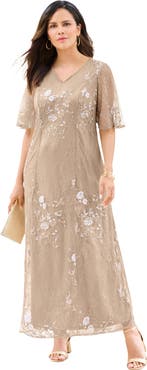 Roaman's Plus-Size Flutter Sleeve Allover Embroidered Gown