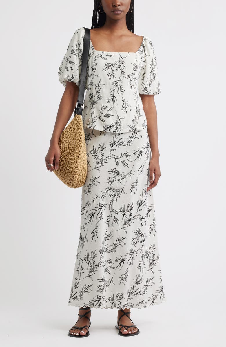 Treasure & Bond Scalloped Hem Linen Blend Maxi Skirt, Alternate, color, Ivory- Black Vineyard