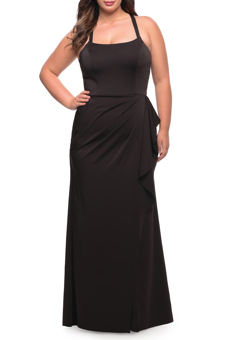 Elegant Jersey Gown with Ruffle Slit Detail, Main, color, BLACK