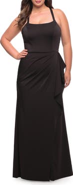 La Femme Elegant Jersey Gown with Ruffle Slit Detail