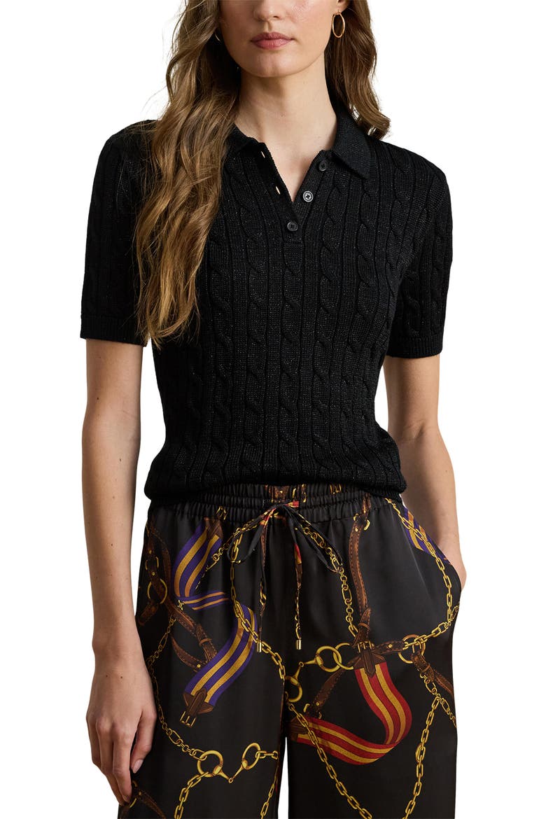 Metallic Cable Polo Sweater, Main, color, BLACK METALLIC