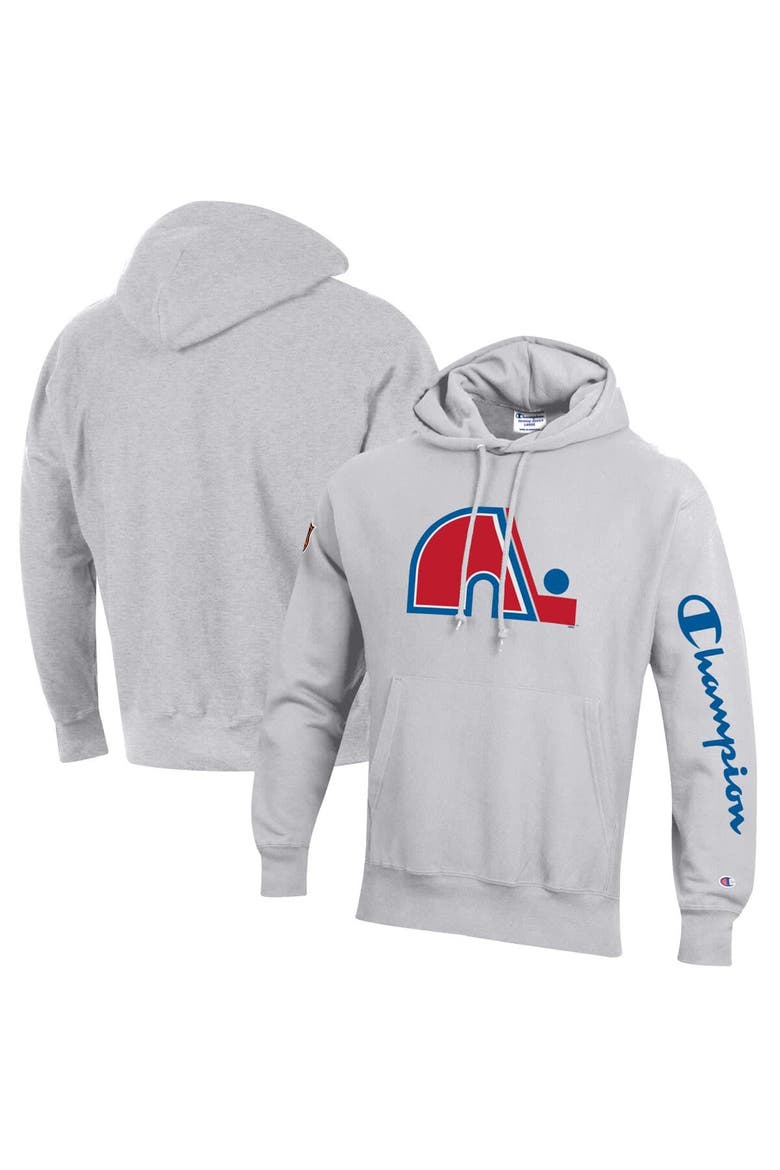 Men's Champion Heathered Gray Quebec Nordiques Reverse Weave Pullover Hoodie, Main, color, Heather Gray