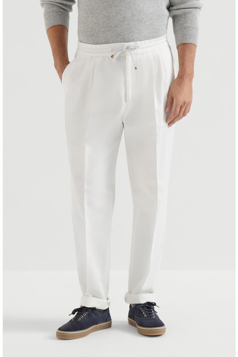 Garment-dyed twisted cotton gabardine trousers with drawstring and double pleats, Main, color, Snow