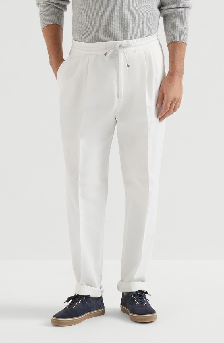 Brunello Cucinelli Garment-dyed twisted cotton gabardine trousers with drawstring and double pleats, Main, color, Snow