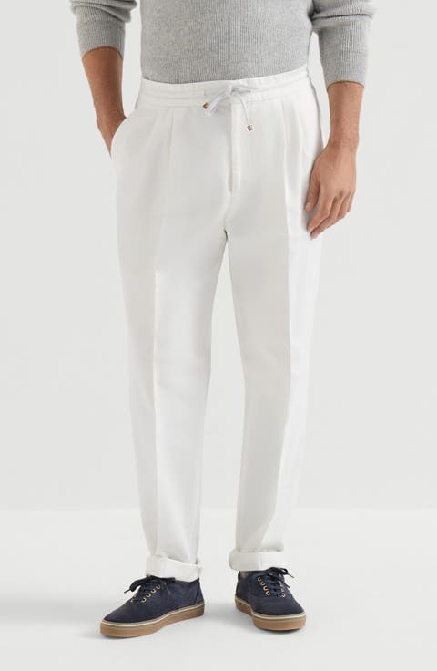 Garment-dyed twisted cotton gabardine trousers with drawstring and double pleats