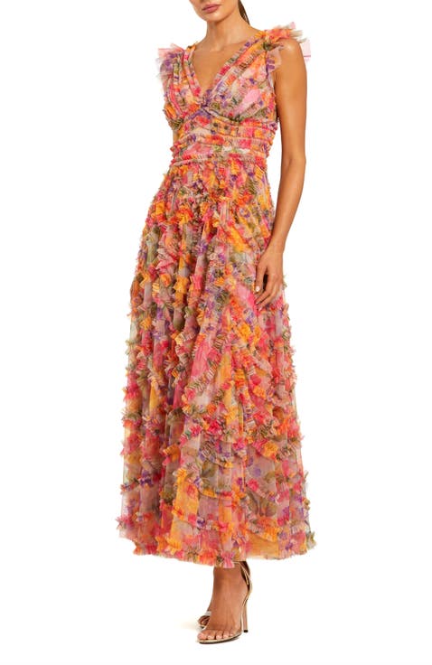 Floral V-Neck Ruffle Tiered Maxi Dress with Flutter Sleeves