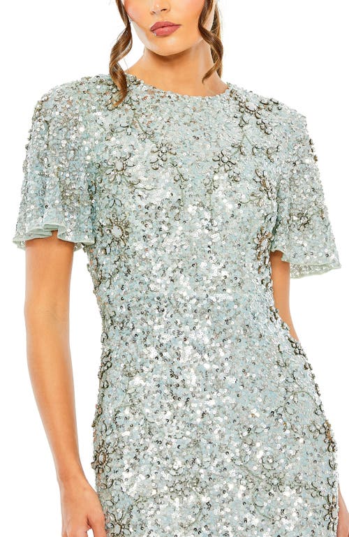 Mac Duggal Flutter Sleeve Sequin High Neck Dress In French Blue
