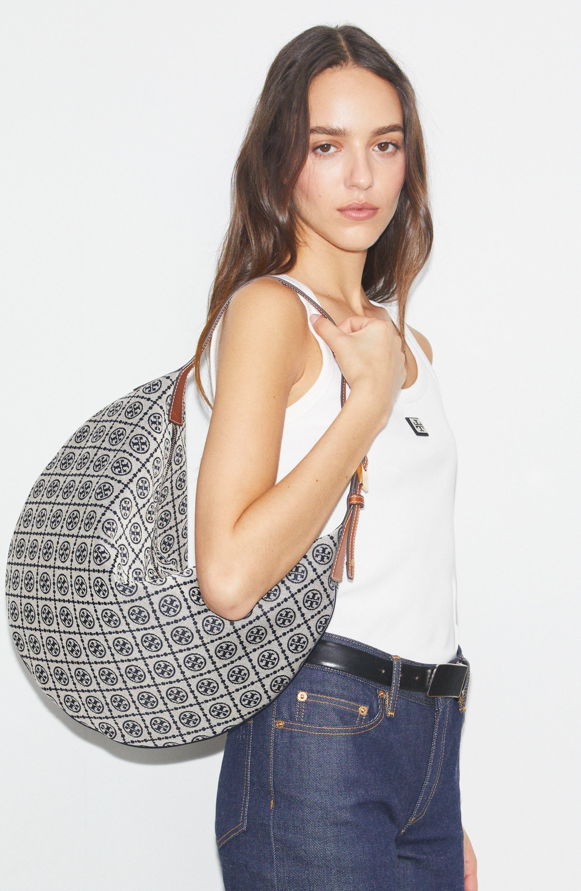 Tory Burch T Monogram Jacquard Balloon Bag, Alternate, color, Tory Navy