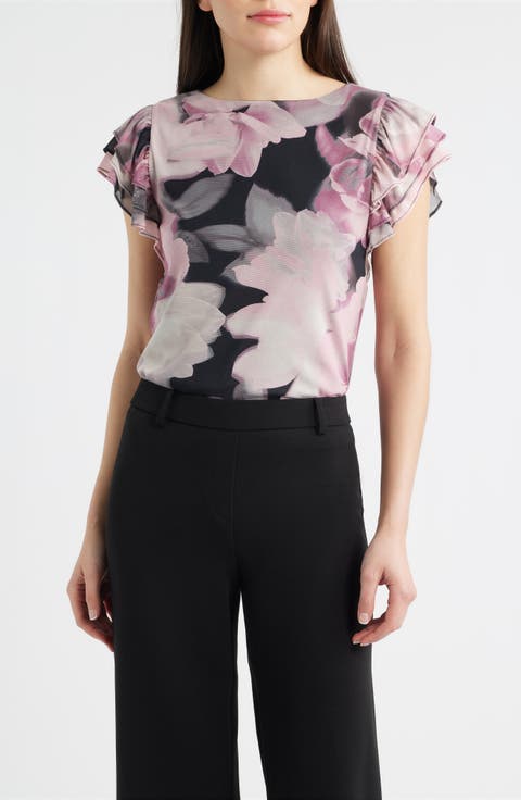 Anne Klein Print Flutter Sleeve Top (Regular & Petite)