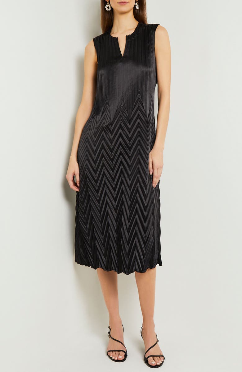 Misook Chevron Crepe de Chine Midi Dress, Main, color, Black