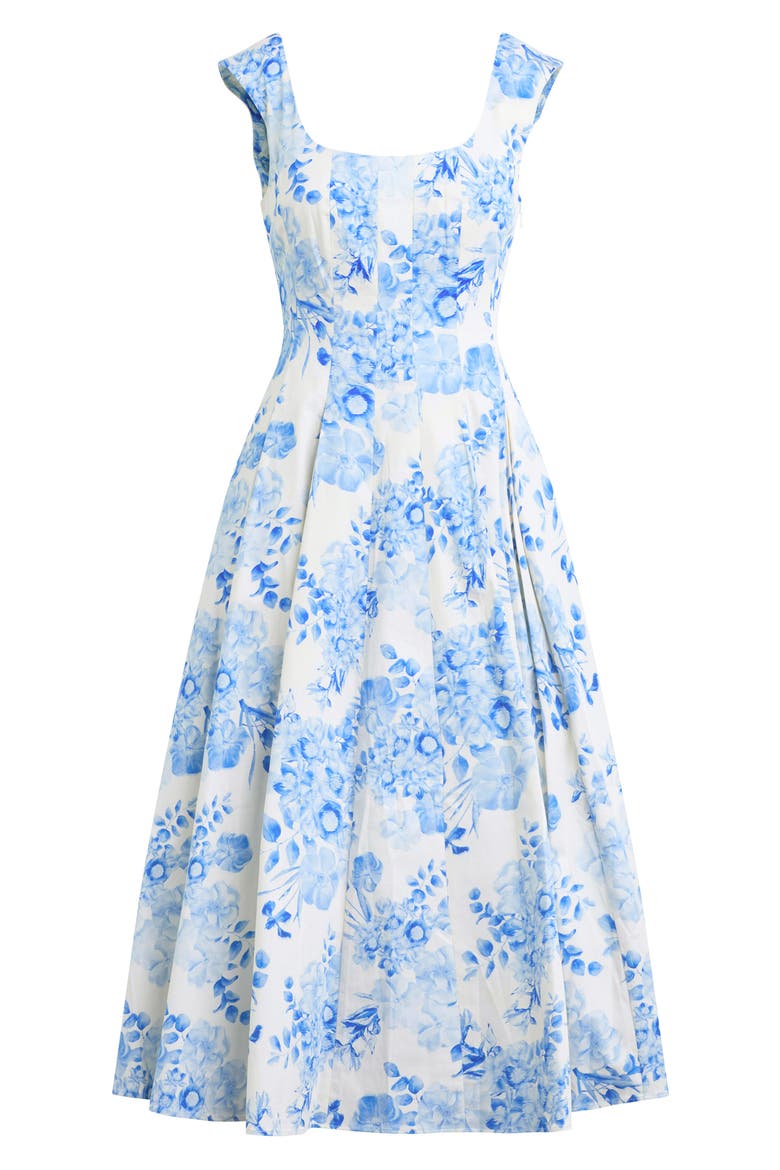 The Muse Floral Stretch Cotton Midi Dress, Alternate, color, BLUE/ WHITE FLORAL