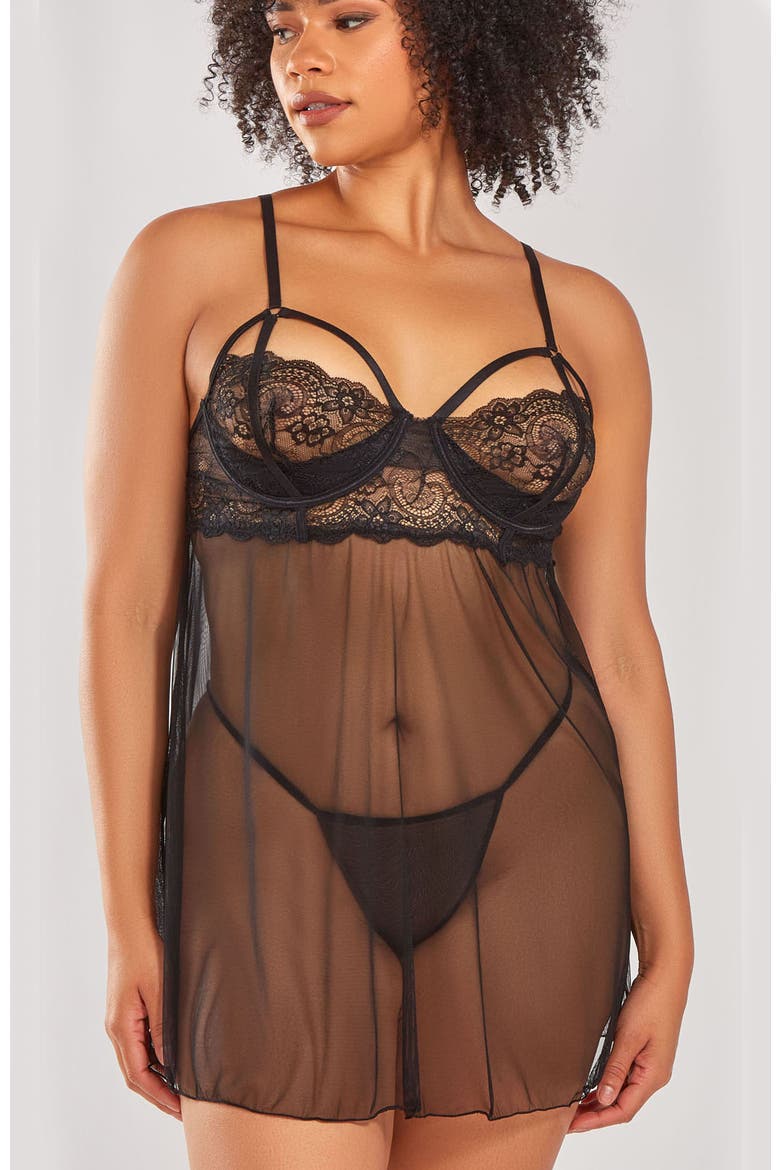 Demure Strappy Lace Babydoll Set, Main, color, Black