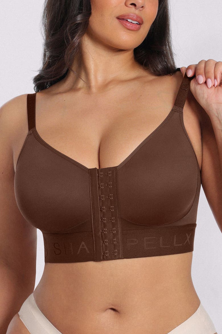 Wireless Front Closure Back Smoothing Unlined Adjustable Strap Everyday Bra, Main, color, Brown