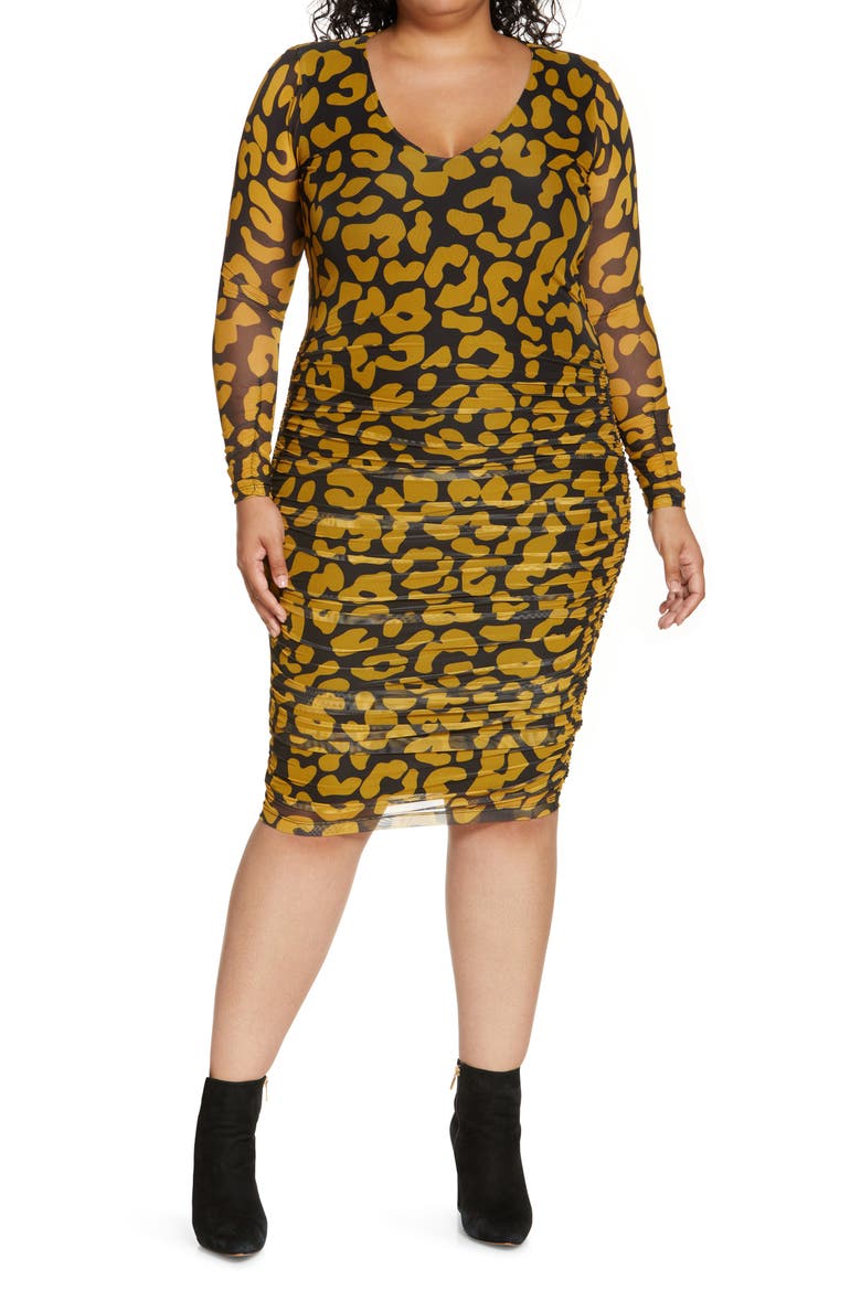 Iris Ruched Mesh Long Sleeve Body-Con Dress, Main, color, HONORE ANIMAL PRINT YELLOW