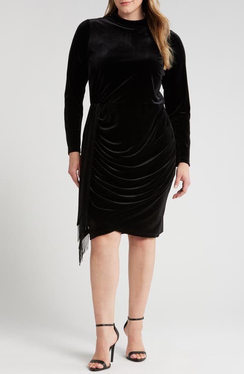 Ruched Fringe Long Sleeve Stretch Velvet Dress (Plus)