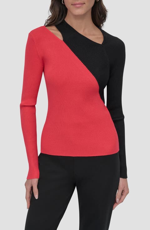 Colorblock Shoulder Cutout Long Sleeve Sweater