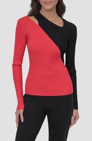 DKNY Colorblock Shoulder Cutout Long Sleeve Sweater