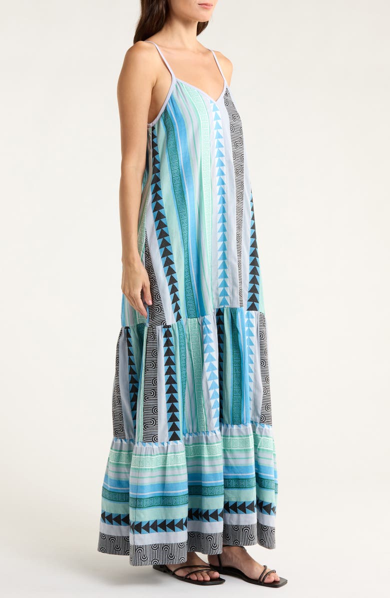 Elan Embroidered Tiered Cotton Blend Cover-Up Maxi Dress, Alternate, color, Blue Green Arrow Pri