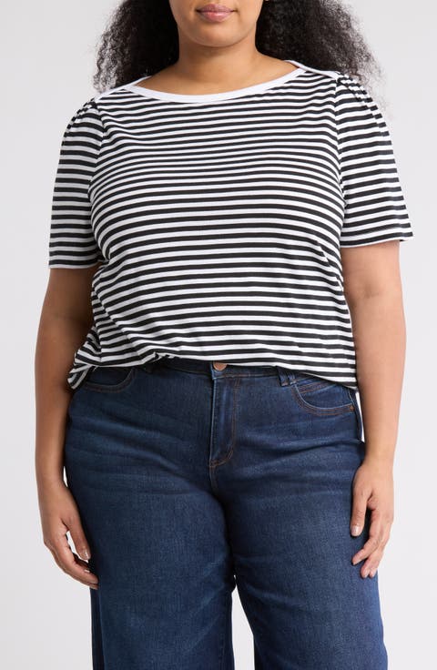 Stripe Envelope Neck Knit Top (Plus)